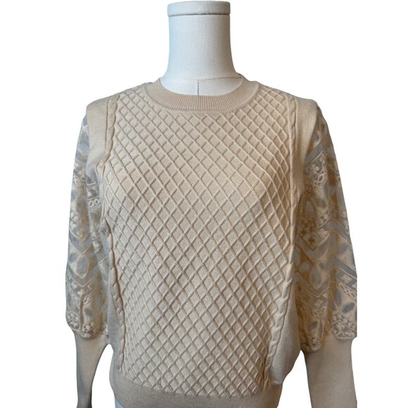 2/$30 Calligraphie M NWOT Beige Knit Sweater Intricate Lace Sleeves - Picture 12 of 13